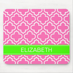 Hot Pink White Moroccan #6 Lime Name Monogram Mouse Pad