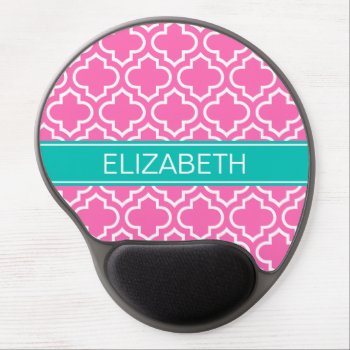 Hot Pink White Moroccan #6 Teal Name Monogram Gel Mouse Pad by FantabulousCases at Zazzle