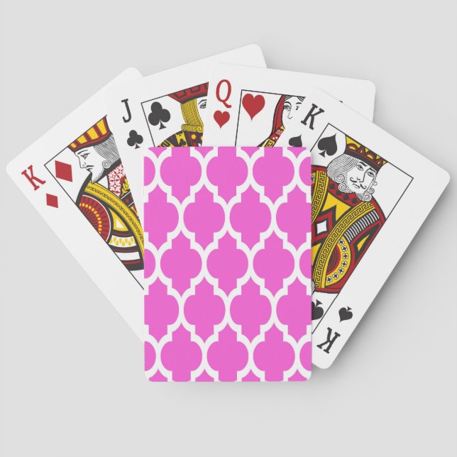 Hot Pink White Moroccan Quatrefoil Pattern #4 Poker Cards (Back)