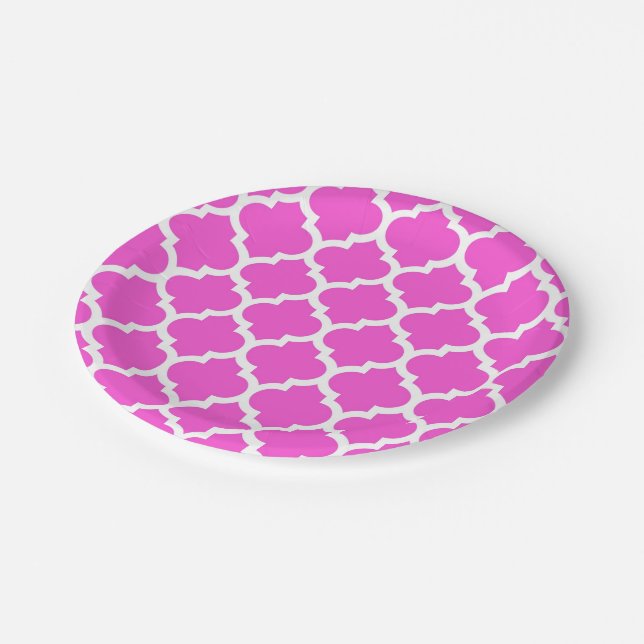 Hot Pink White Moroccan Quatrefoil Pattern #5 Paper Plates (Angled)