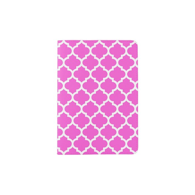 Hot Pink White Moroccan Quatrefoil Pattern #5 Passport Holder (Front)