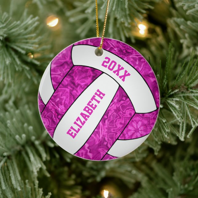 hot pink white personalized girls' volleyball ceramic ornament (Tree)