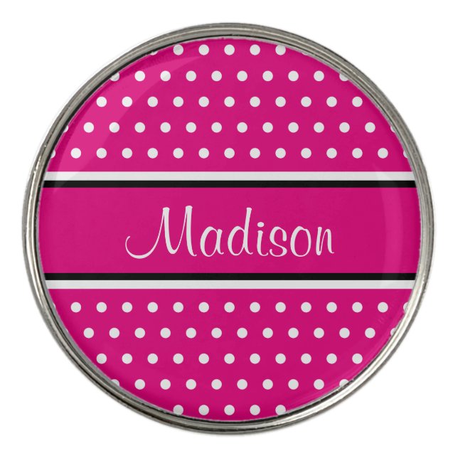 Hot Pink White Polka Dot Black Stripes Script Name Golf Ball Marker (Front)