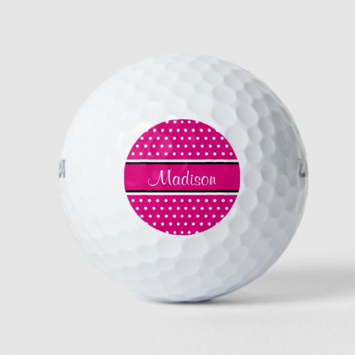 Hot Pink White Polka Dot Black Stripes Script Name Golf Balls