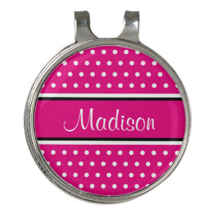 Hot Pink White Polka Dot Black Stripes Script Name Golf Hat Clip
