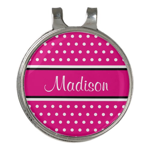 Hot Pink White Polka Dot Black Stripes Script Name Golf Hat Clip