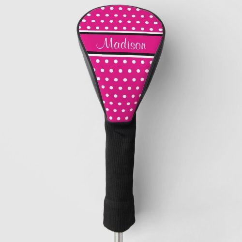 Hot Pink White Polka Dot Black Stripes Script Name Golf Head Cover