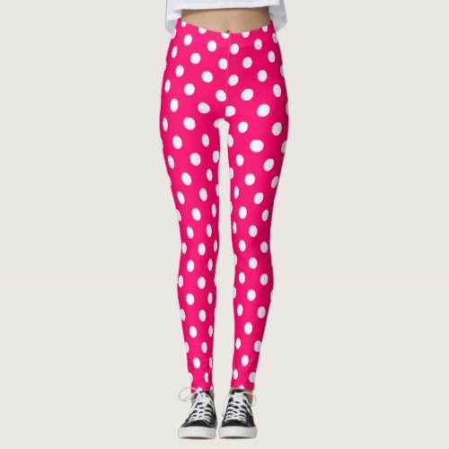 Hot Pink White Polka Dot Pattern Leggings