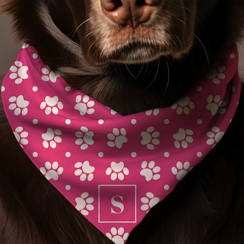 Hot Pink White Polka Dot Paw Print Monogram Dog Bandana