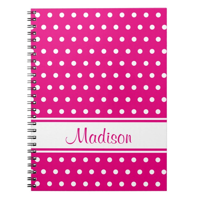 Hot Pink White Polka Dot Stripe Script Name Notebook (Front)