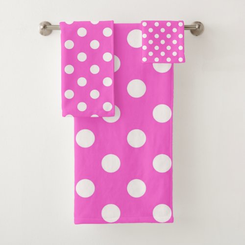 Hot Pink  White Polka Dots Dot Bath Towel Set