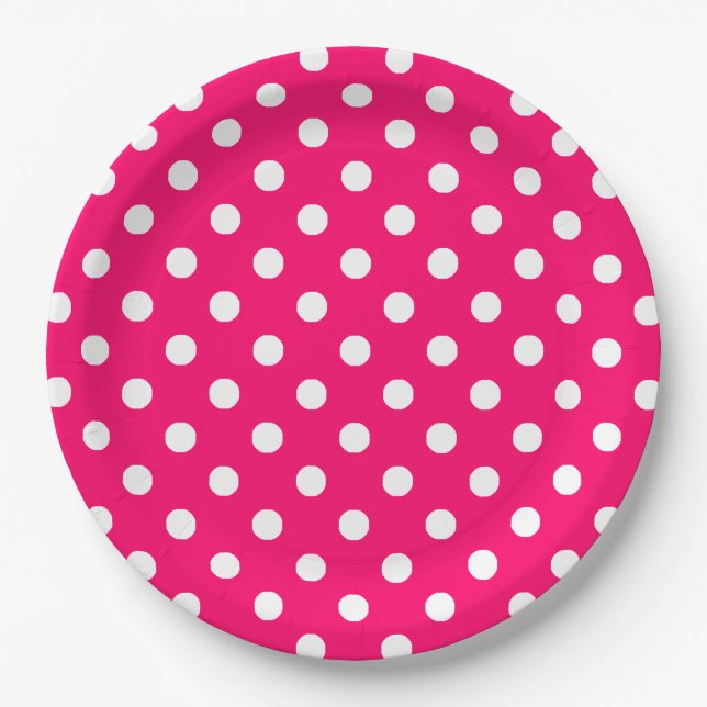 Hot Pink White Polka Dots Pattern Paper Plates (Front)