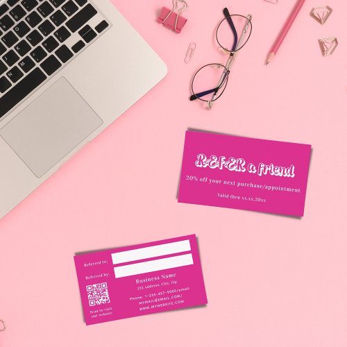 Hot pink white qr code business referral card