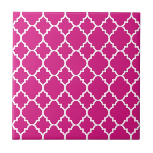 Hot Pink White Quatrefoil Moroccan Pattern Tile