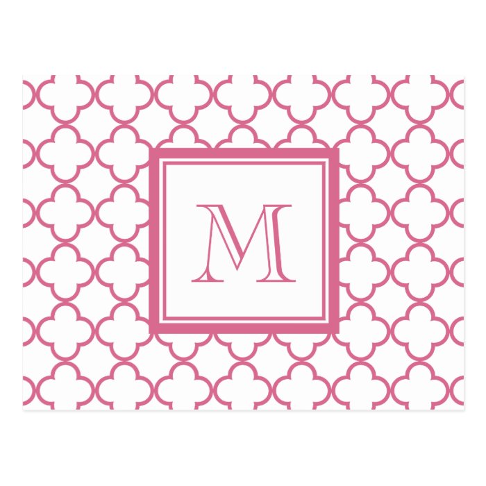 Hot Pink White Quatrefoil  Your Monogram Postcard