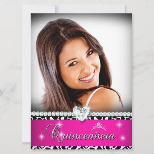 Hot Pink White Quinceanera 15 Diamond Image Photo Invitation