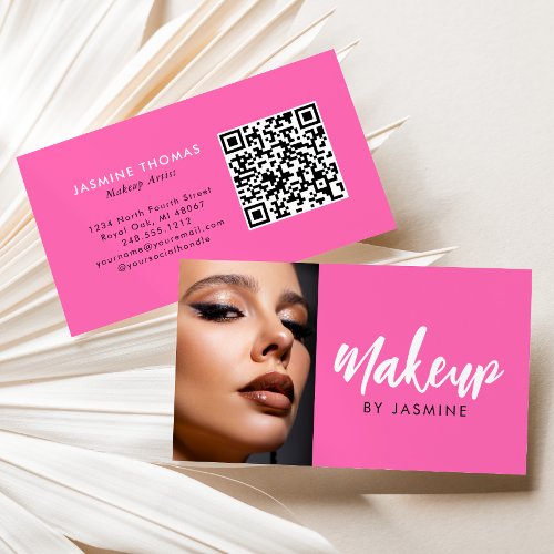 Hot Pink White Script QR Code Photo Makeup Business Card