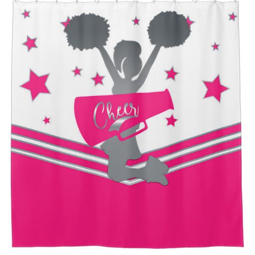 Hot Pink White Silver Stars Cheer Cheer_leading Shower Curtain