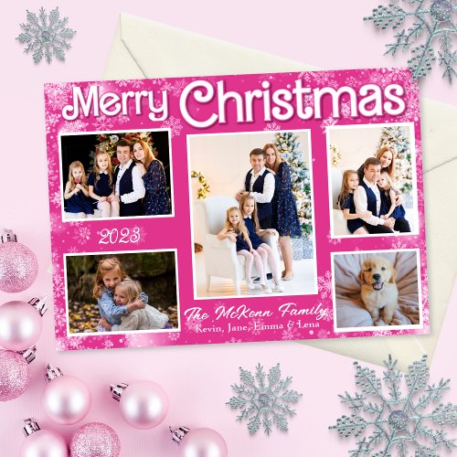 Hot Pink  White Snowflakes Christmas Holiday Card