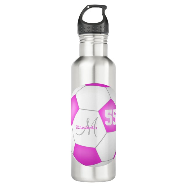 hot pink white soccer girl name jersey number stainless steel water bottle (Front)