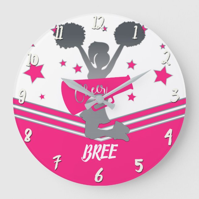 Hot Pink & White Stars Cheer Cheer-leading Girls Large Clock (Front)