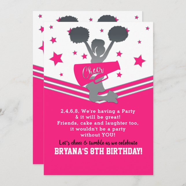 Hot Pink & White Stars Cheer Cheer-leading Party Invitation (Front/Back)