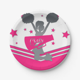 Hot Pink & White Stars Cheer Cheer-leading Party Paper Plates