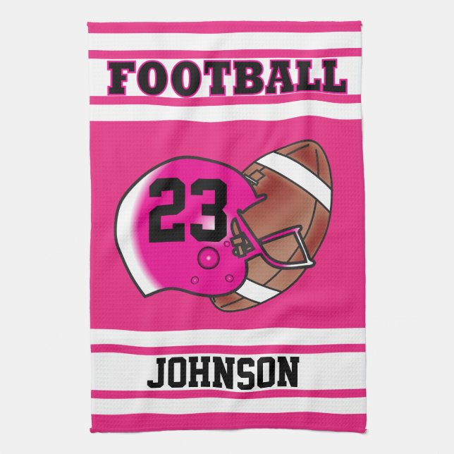 Hot Pink & White Stripe Football Jersey Kitchen Towel (Vertical)