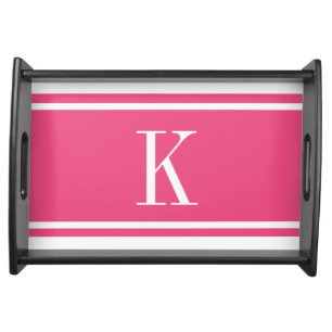 Hot Pink White Stripe Pattern & Custom Monogram Serving Tray
