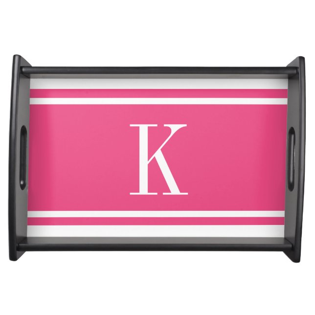 Hot Pink White Stripe Pattern & Custom Monogram Serving Tray (Front)