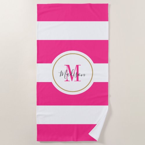 Hot Pink White Stripes Chic Monogram Personalized Beach Towel