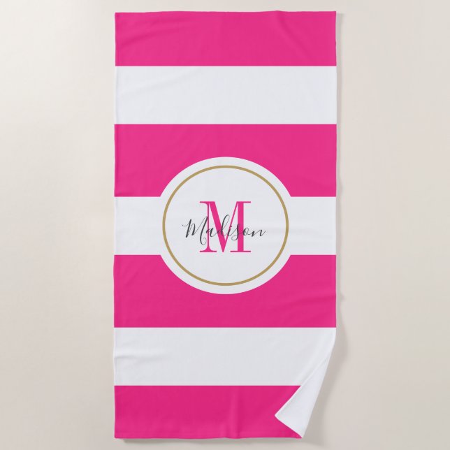 Hot Pink White Stripes Chic Monogram Personalized Beach Towel (Front)
