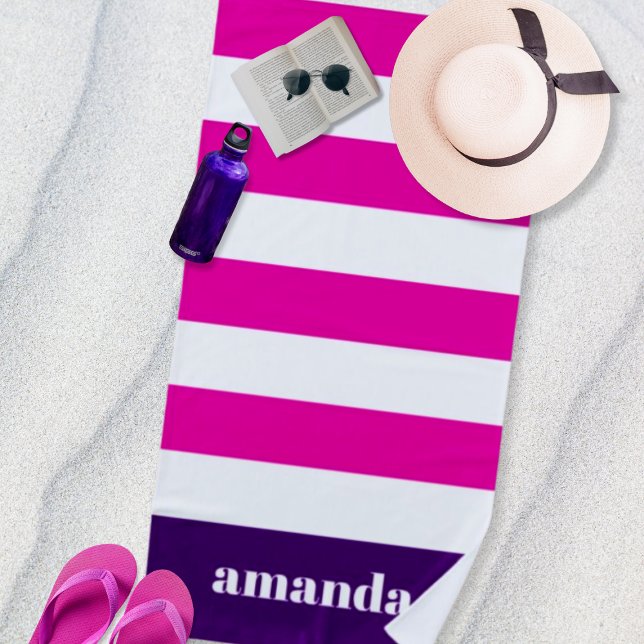 Hot Pink White Stripes Custom Name Beach Towel (Creator Uploaded)