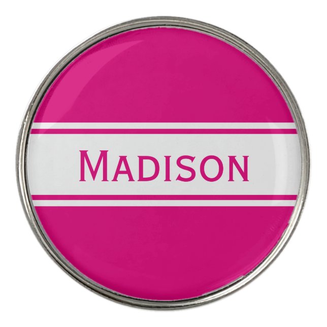 Hot Pink White Stripes Modern Name Golf Ball Marker (Front)