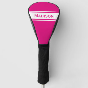Hot Pink White Stripes Modern Name Monogram Golf Head Cover