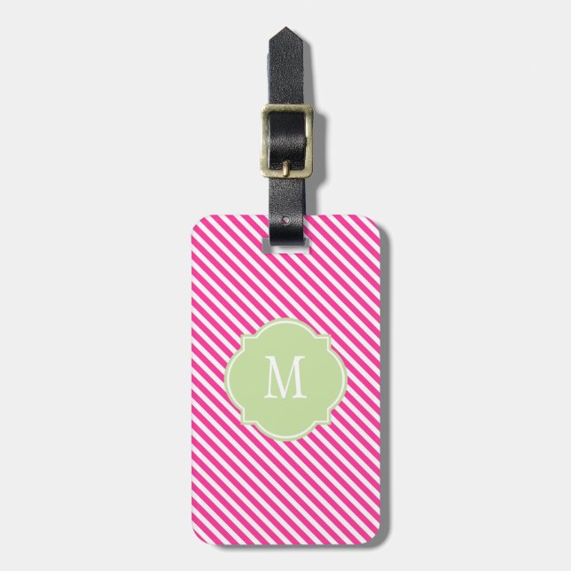 Hot Pink & White Stripes Monogram Luggage Tag (Front Vertical)
