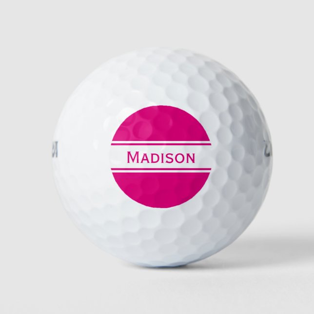 Hot Pink White Stripes Name Monogram Golf Balls (Front)
