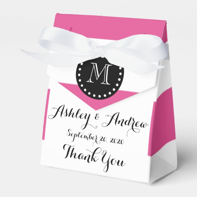 Hot Pink White Stripes Pattern, Black Monogram Favor Boxes (Front Side)