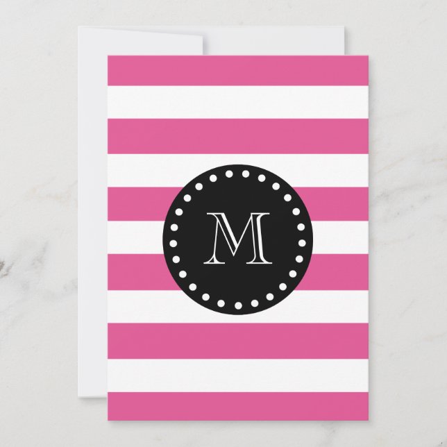 Hot Pink White Stripes Pattern, Black Monogram Note Card (Front)