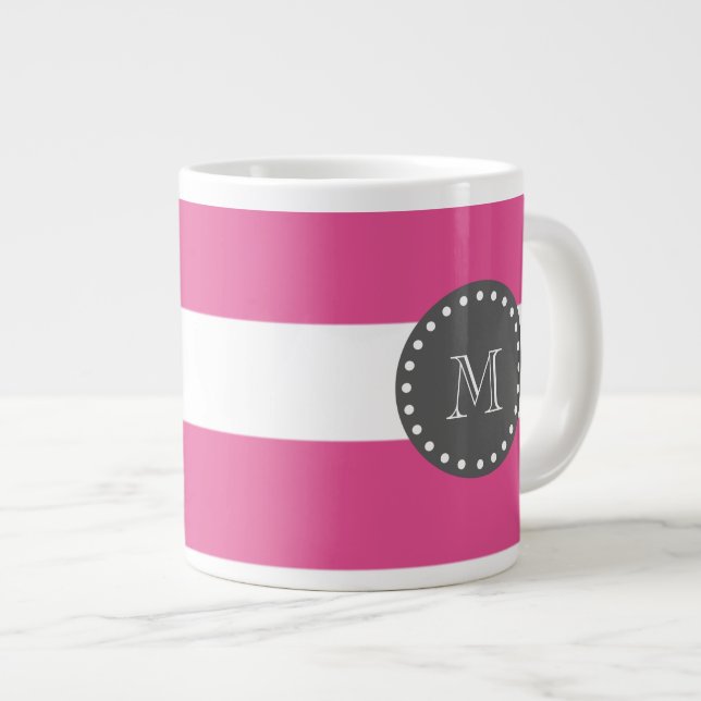 Hot Pink White Stripes Pattern, Charcoal Monogram Giant Coffee Mug (Front Right)