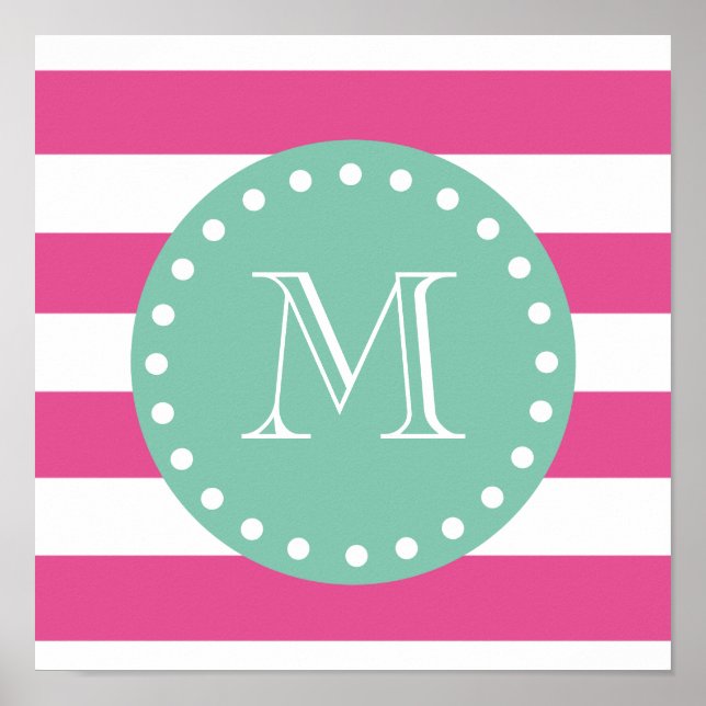 Hot Pink White Stripes Pattern, Mint Green Monogra Poster (Front)
