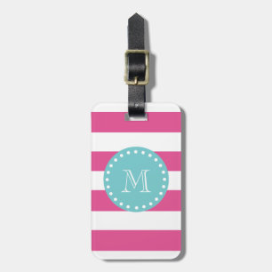 Hot Pink White Stripes Pattern, Teal Monogram Luggage Tag