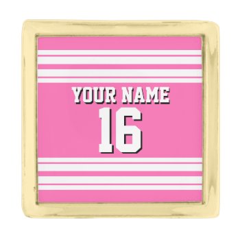 Hot Pink White Team Jersey Custom Number Name Gold Finish Lapel Pin by FantabulousSports at Zazzle