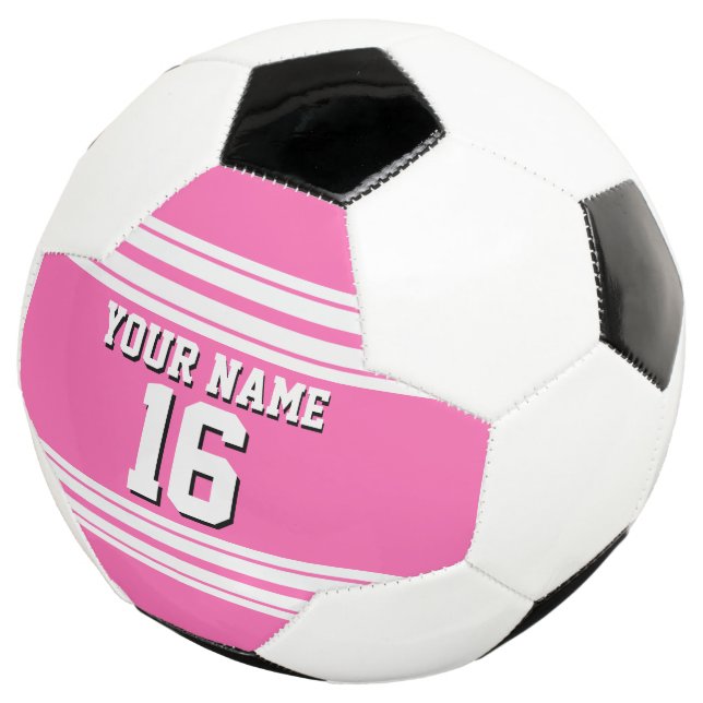 Hot Pink White Team Jersey Custom Number Name Soccer Ball (Three Quarter)