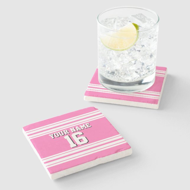 Hot Pink White Team Jersey Custom Number Name Stone Coaster (Side)