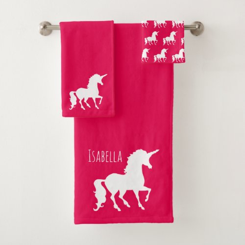 Hot Pink White Unicorn Silhouette Personalized Kid Bath Towel Set