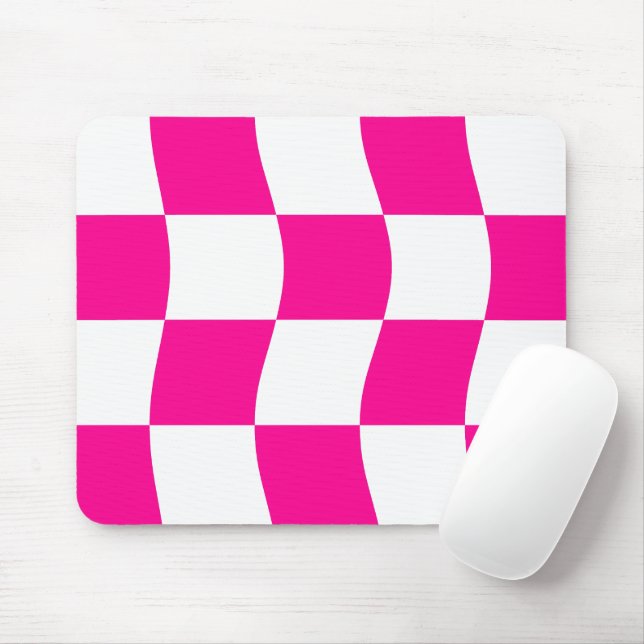 Hot Pink White Wavy Checkerboard Pattern  Mouse Pad (With Mouse)