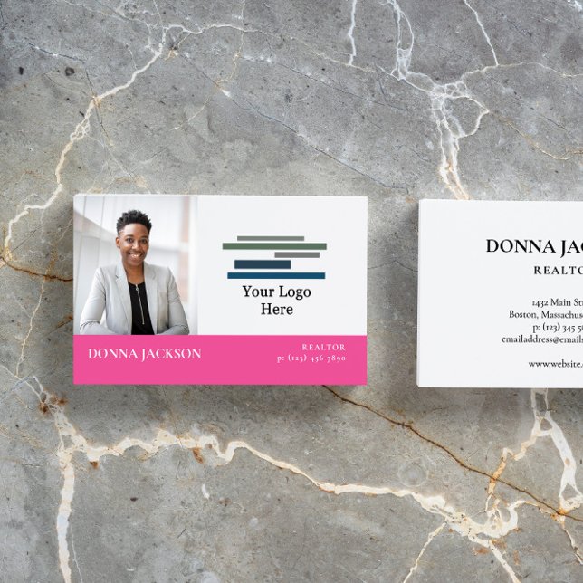 Hot Pink White Your Photo & Logo Professional Business Card (Creator Uploaded)