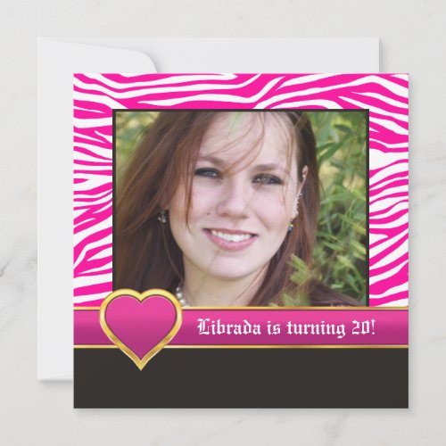 Hot pink white zebra  heart 20th birthday photo invitation