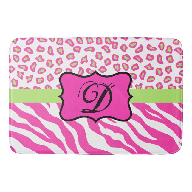Hot Pink White Zebra Leopard Skin Monogram Bathroom Mat (Front)